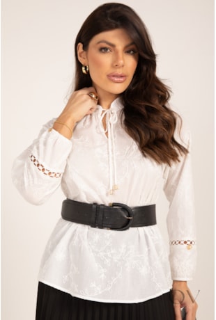 BATA BORDADA FLORAL COM RENDA EM CAMBRAIA OFF WHITE - LEKAZIS