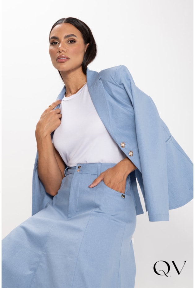 BLAZER ALONGADO EM LINHO AZUL DENIM - LEKAZIS BLAZER ALONGADO EM LINHO AZUL DENIM - LEKAZIS
