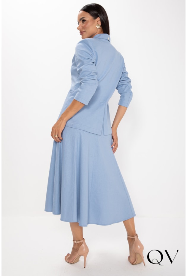 BLAZER ALONGADO EM LINHO AZUL DENIM - LEKAZIS BLAZER ALONGADO EM LINHO AZUL DENIM - LEKAZIS