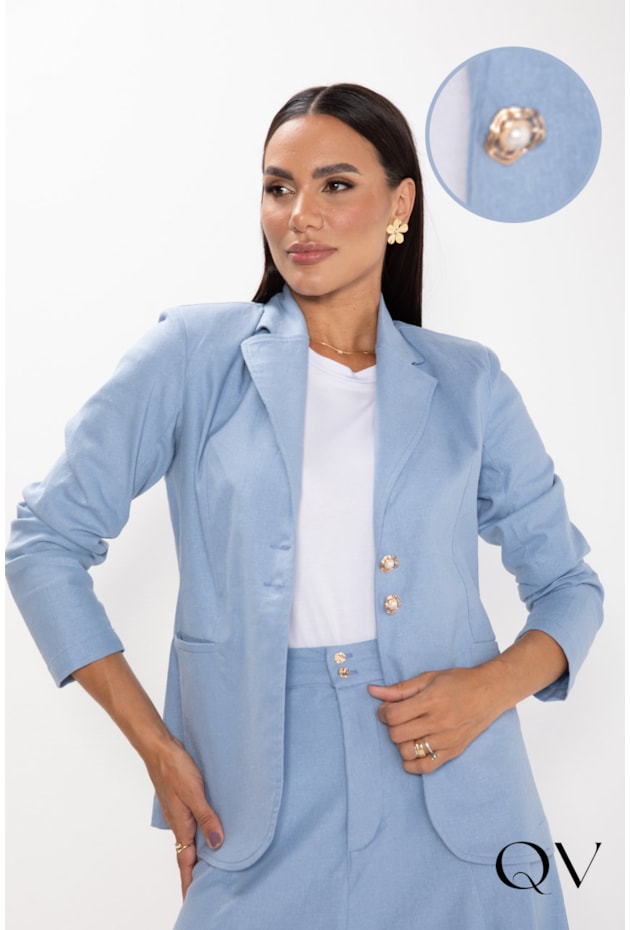 BLAZER ALONGADO EM LINHO AZUL DENIM - LEKAZIS BLAZER ALONGADO EM LINHO AZUL DENIM - LEKAZIS