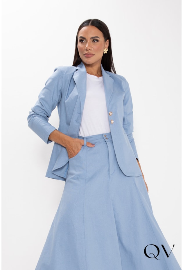 BLAZER ALONGADO EM LINHO AZUL DENIM - LEKAZIS BLAZER ALONGADO EM LINHO AZUL DENIM - LEKAZIS