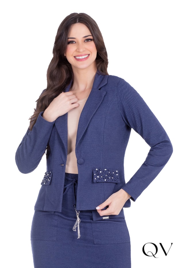 BLAZER EM JEANS BORDADO AZUL MARINHO - HAPUK