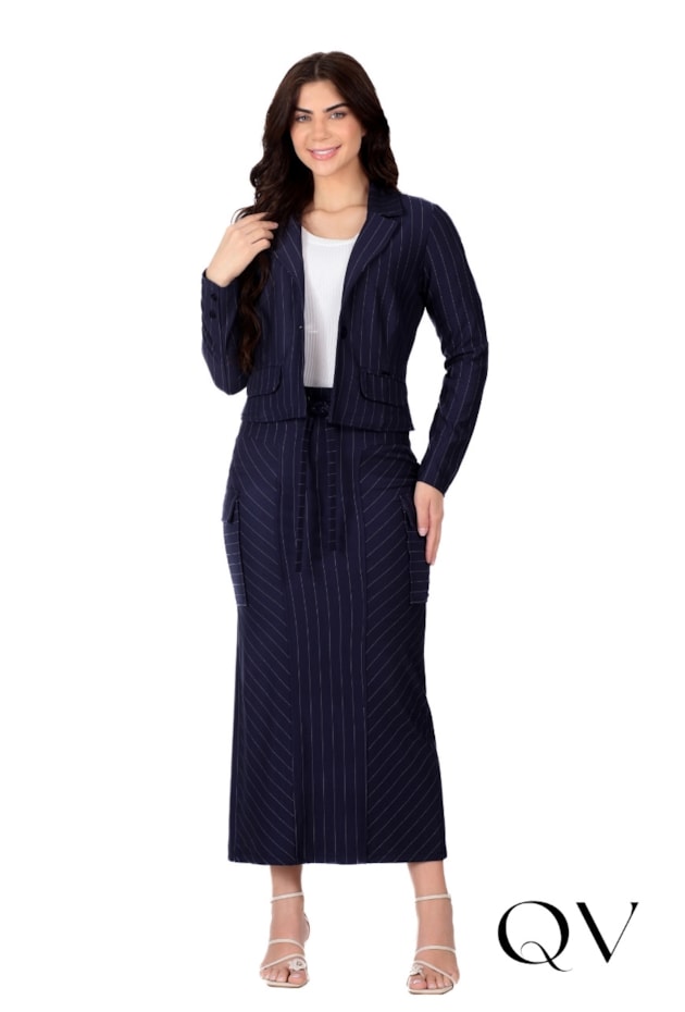 BLAZER EM PONTO ROMA RISCA DE GIZ AZUL MARINHO - HAPUK