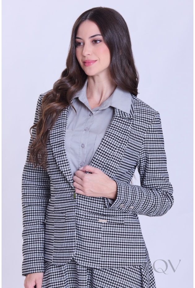 BLAZER MÉDIO COM ESTAMPA EM ALFAIATARIA TWEED PRETO - HAPUK