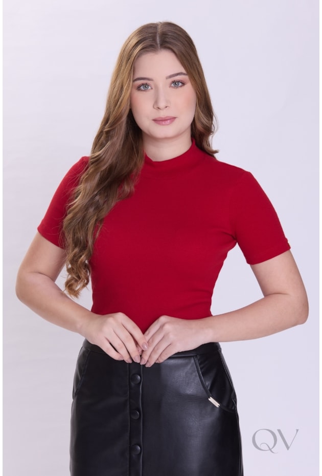 BLUSA BÁSICA COM GOLA EM MALHA CANELADA VERMELHO - HAPUK