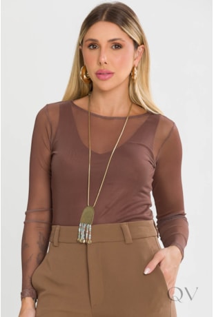 BLUSA BÁSICA COM MANGA LONGA EM TULE MARROM WOOD - TLIC RIO