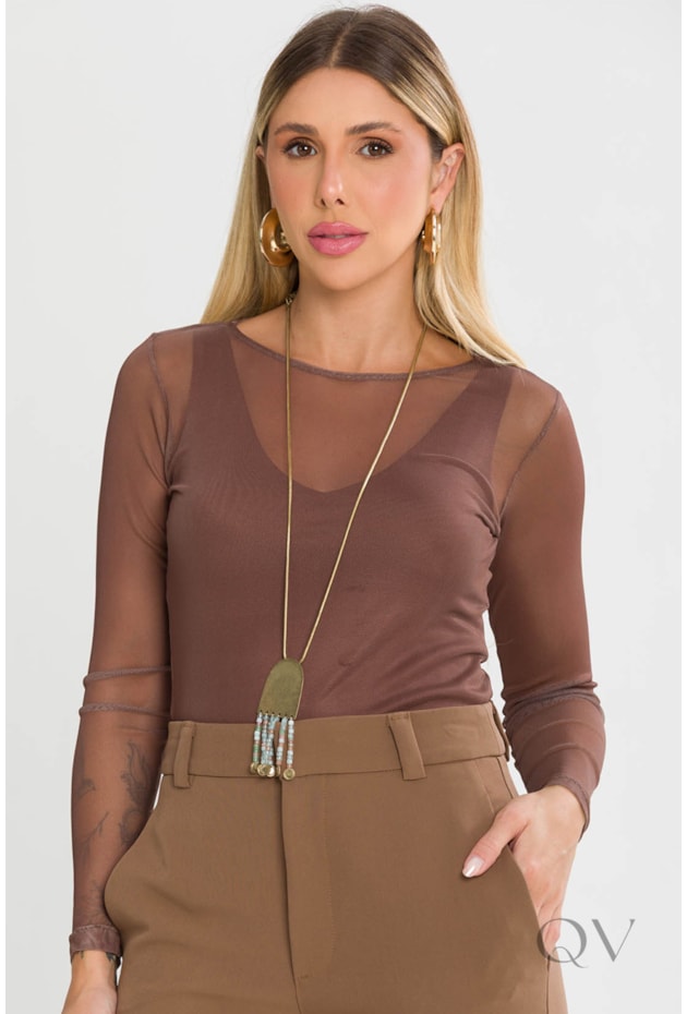 BLUSA BÁSICA COM MANGA LONGA EM TULE MARROM WOOD - TLIC RIO