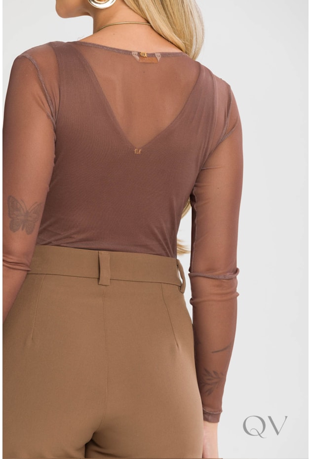 BLUSA BÁSICA COM MANGA LONGA EM TULE MARROM WOOD - TLIC RIO