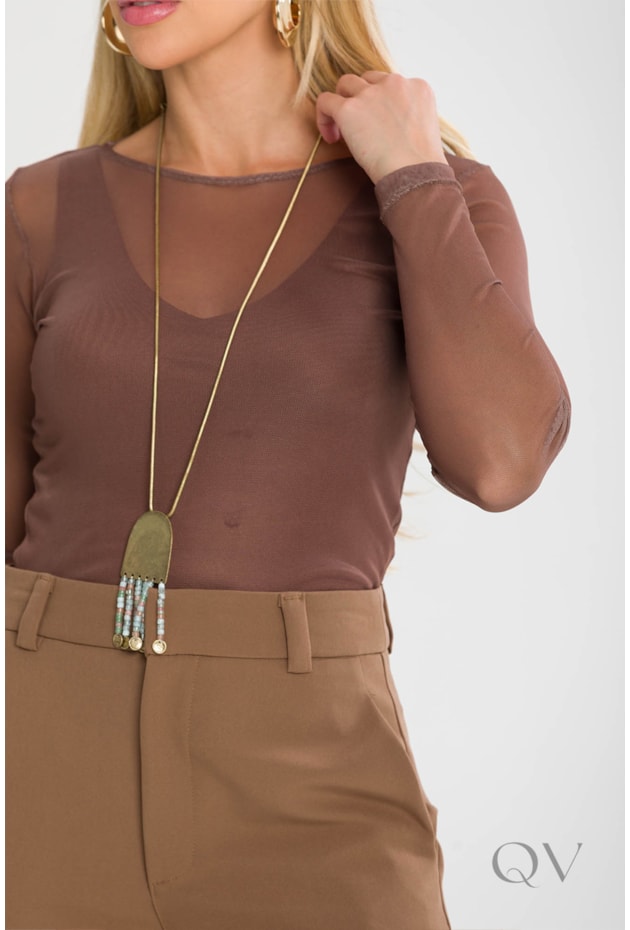 BLUSA BÁSICA COM MANGA LONGA EM TULE MARROM WOOD - TLIC RIO