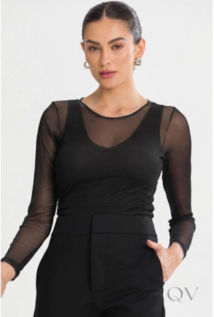 BLUSA BÁSICA COM MANGA LONGA EM TULE PRETO - TLIC RIO