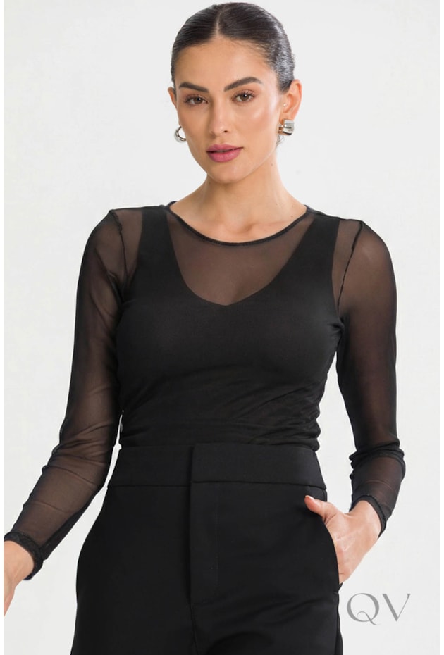 BLUSA BÁSICA COM MANGA LONGA EM TULE PRETO - TLIC RIO