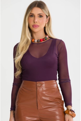BLUSA BÁSICA COM MANGA LONGA EM TULE VINHO - TLIC RIO