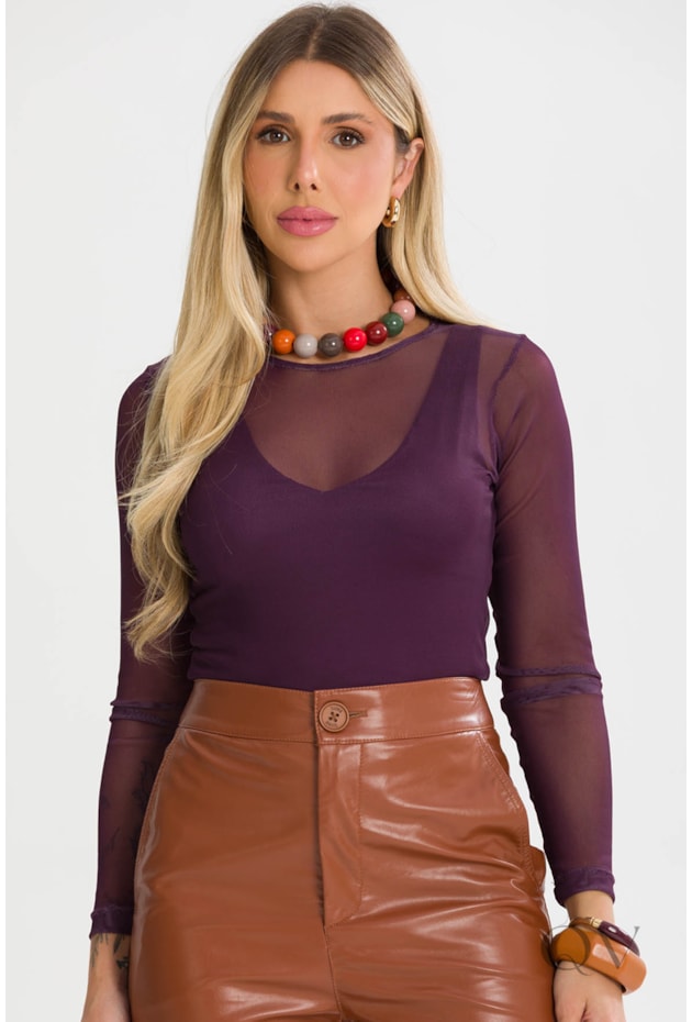BLUSA BÁSICA COM MANGA LONGA EM TULE VINHO - TLIC RIO