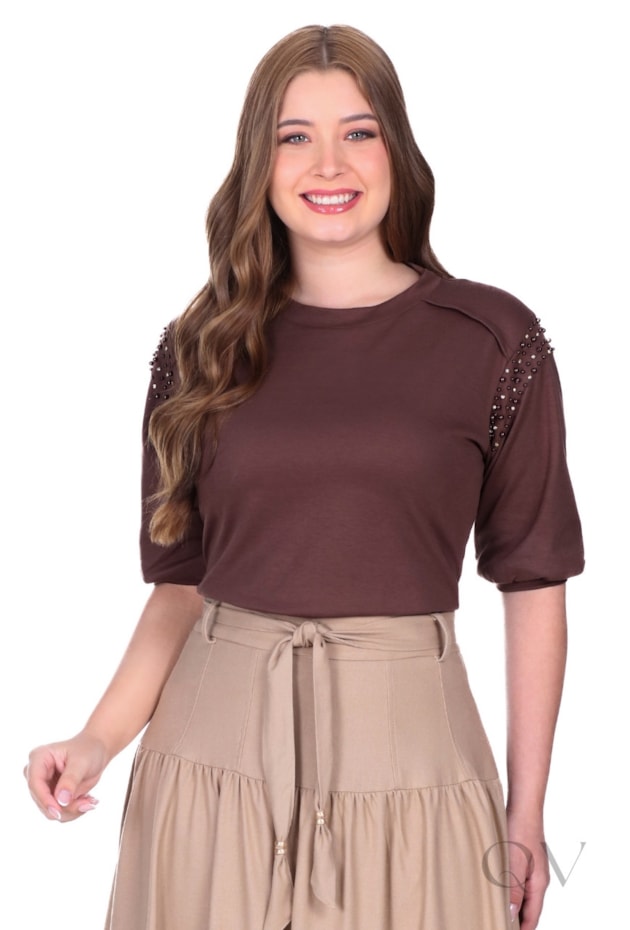 BLUSA BORDADA EM PÉROLAS E PONTO LUZ EM MALHA MARROM - HAPUK BLUSA BORDADA EM PÉROLAS E PONTO LUZ EM MALHA MARROM - HAPUK