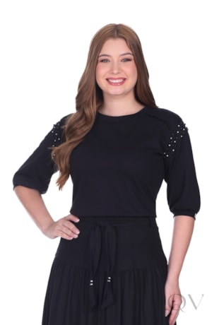 BLUSA BORDADA EM PÉROLAS E PONTO LUZ EM MALHA PRETO - HAPUK