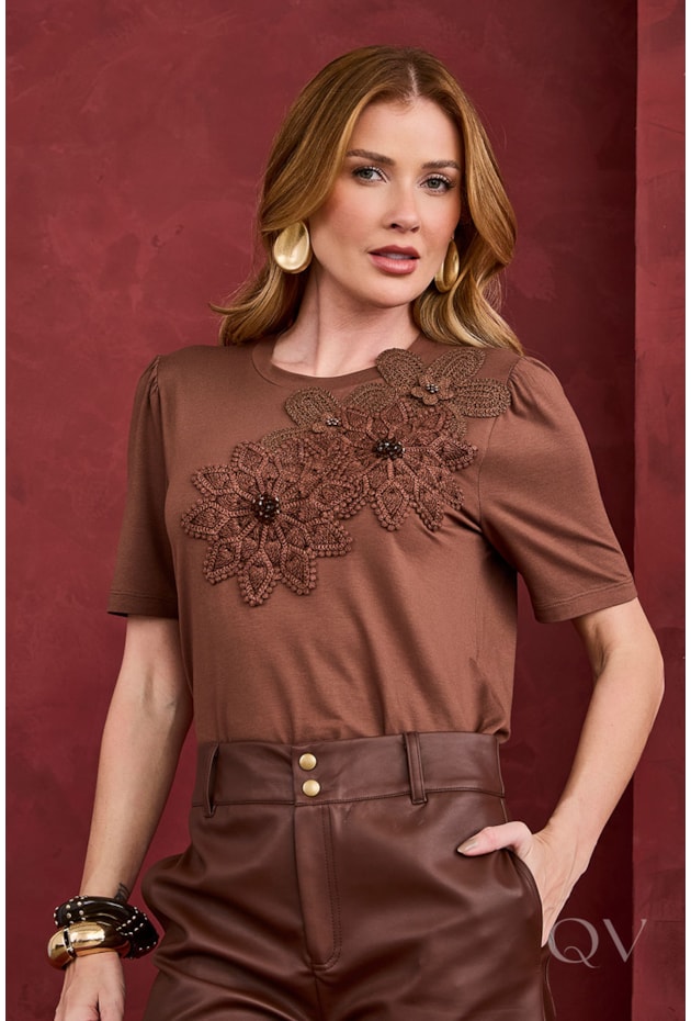 BLUSA BORDADA EM VISCOLYCRA MARROM - ARTSY