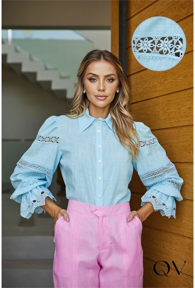 BLUSA BOTÕES BRILHANTES AZUL - DOCE MARIA BLUSA BOTÕES BRILHANTES AZUL - DOCE MARIA