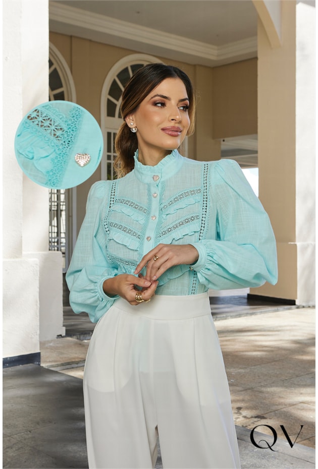 BLUSA BOTÕES CORAÇÕES AZUL - DOCE MARIA BLUSA BOTÕES CORAÇÕES AZUL - DOCE MARIA