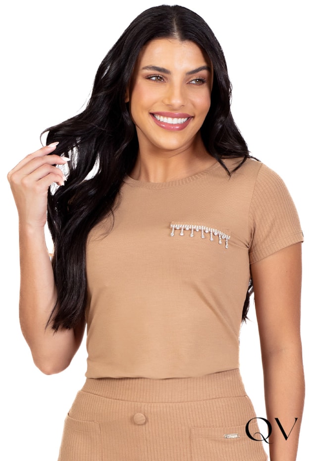 BLUSA CANELADA BORDADO STRASS BEGE - HAPUK BLUSA CANELADA BORDADO STRASS BEGE - HAPUK