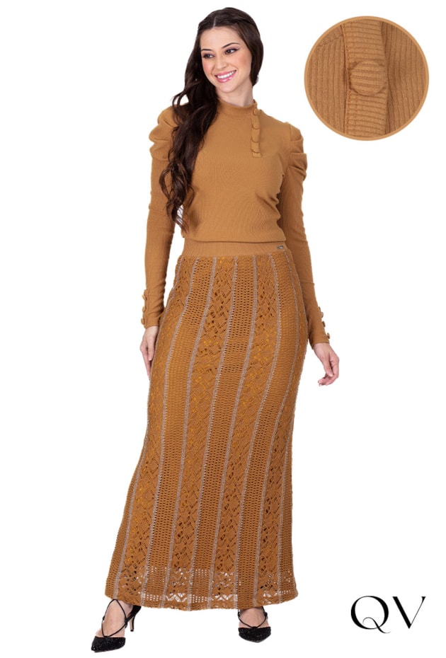 BLUSA CANELADA COM BOTÕES CARAMELO - HAPUK
