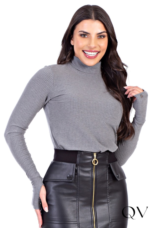 BLUSA CANELADA GOLA ALTA CINZA - HAPUK BLUSA CANELADA GOLA ALTA CINZA - HAPUK