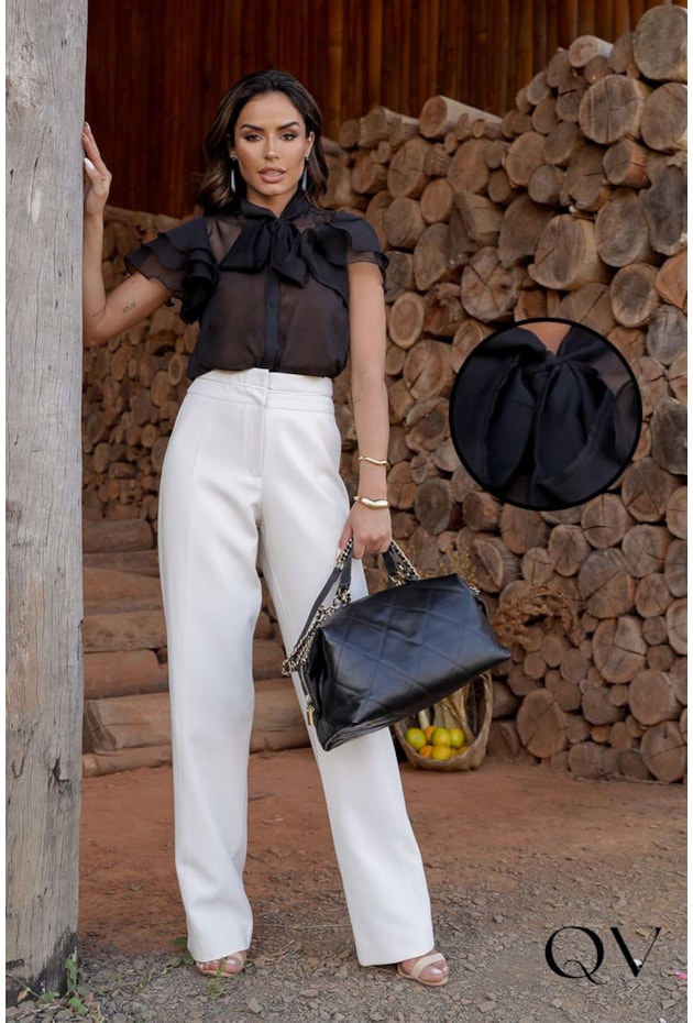 BLUSA CHIFFON COM BABADOS PRETO - LUZIA FAZZOLLI BLUSA CHIFFON COM BABADOS PRETO - LUZIA FAZZOLLI