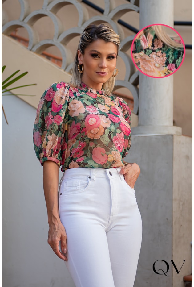 BLUSA CHIFFON LASTEX NO OMBRO FLORAL - LUZIA FAZZOLLI BLUSA CHIFFON LASTEX NO OMBRO FLORAL - LUZIA FAZZOLLI