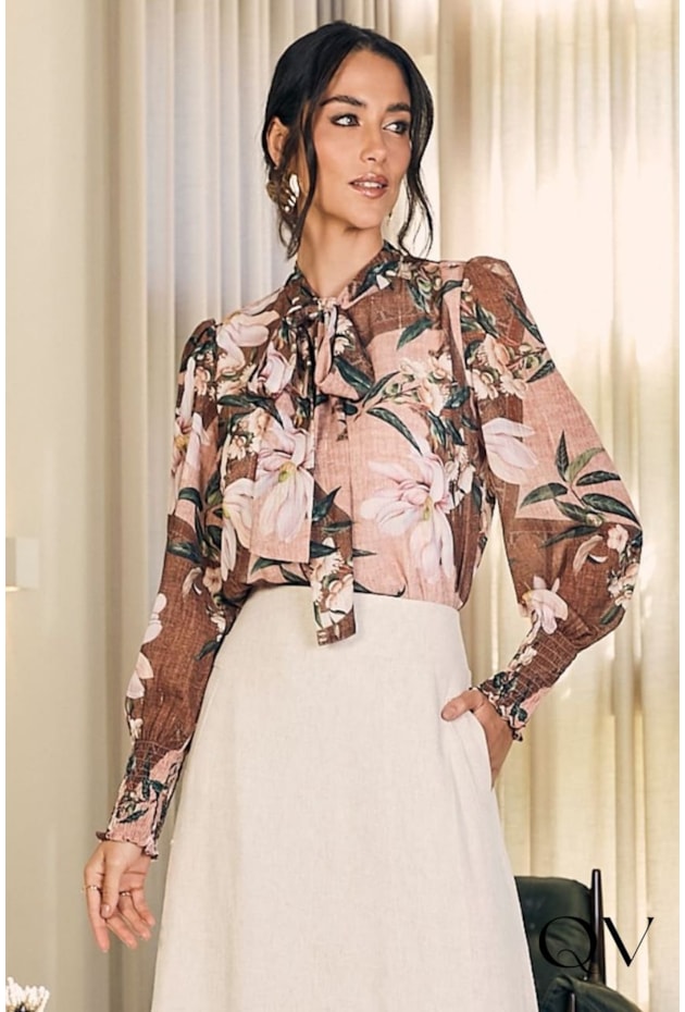 BLUSA CHIFFON PUNHO LASTEX FLORAL - JANY PIM BLUSA CHIFFON PUNHO LASTEX FLORAL - JANY PIM