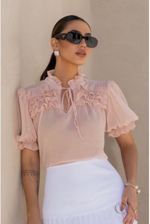 BLUSA COM BABADOS EM CHIFFON SALMÃO - LUZIA FAZZOLLI
