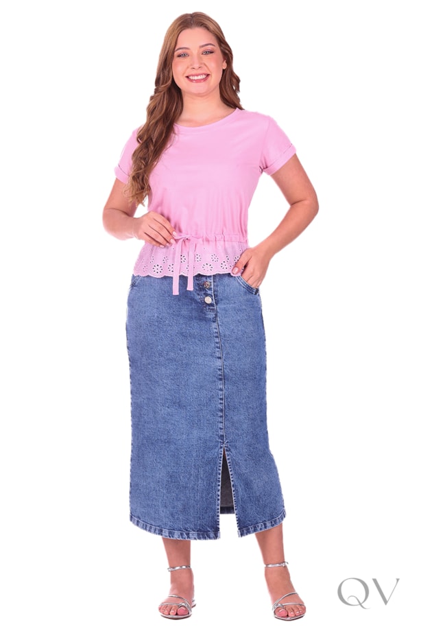 BLUSA COM BARRA DE LAISE EM MALHA DE ALGODÃO ROSA - HAPUK