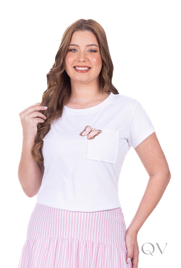BLUSA COM BORDADO BORBOLETA EM MALHA DE ALGODÃO BRANCO - HAPUK