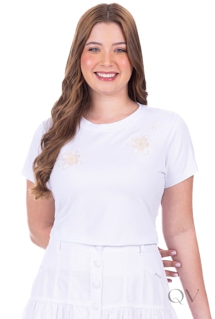 BLUSA COM BORDADO DE FLOR EM MALHA ALGODÃO BRANCO - HAPUK