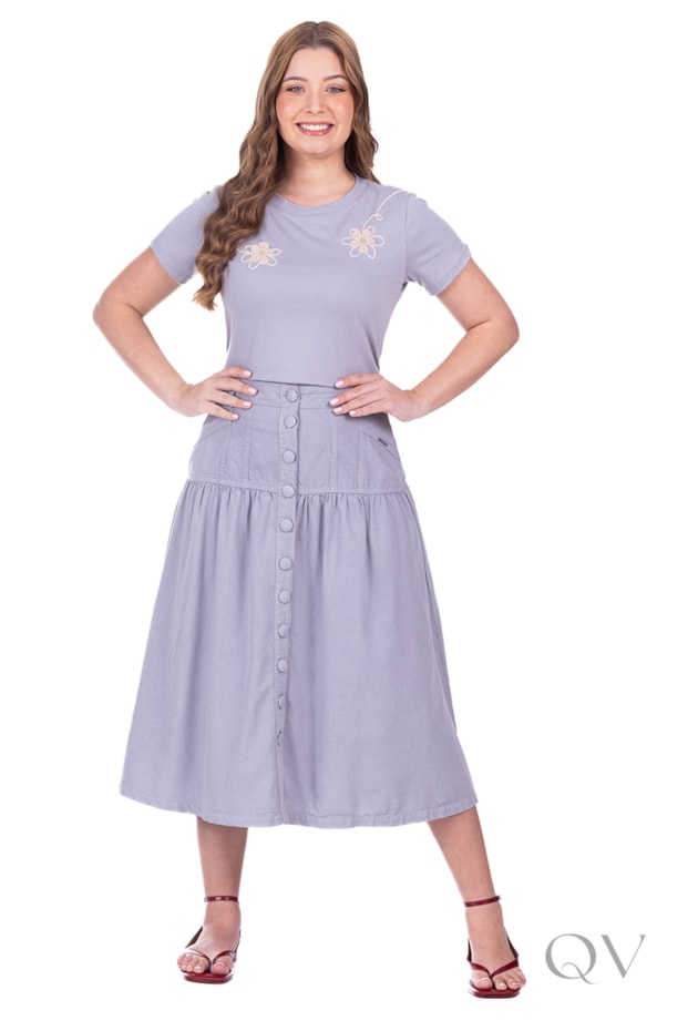 BLUSA COM BORDADO DE FLOR EM MALHA ALGODÃO CINZA - HAPUK