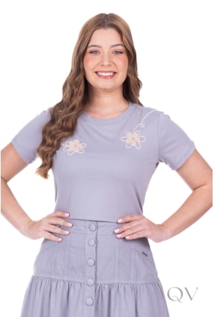 BLUSA COM BORDADO DE FLOR EM MALHA ALGODÃO CINZA - HAPUK