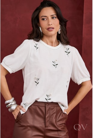 BLUSA COM BORDADO FLORAL EM VISCOLYCRA OFF WHITE - ARTSY