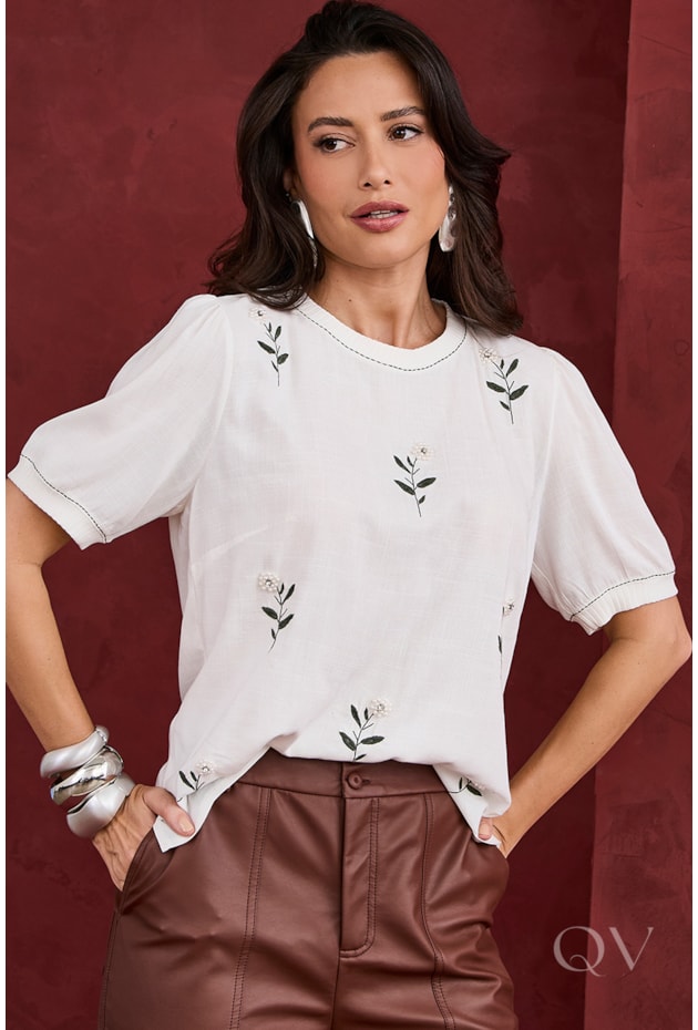 BLUSA COM BORDADO FLORAL EM VISCOLYCRA OFF WHITE - ARTSY