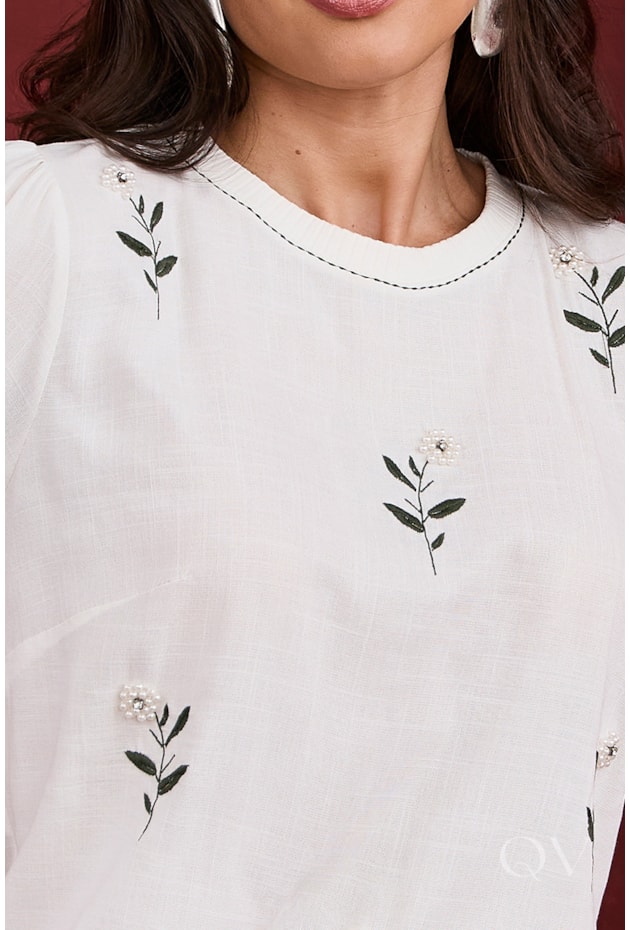 BLUSA COM BORDADO FLORAL EM VISCOLYCRA OFF WHITE - ARTSY