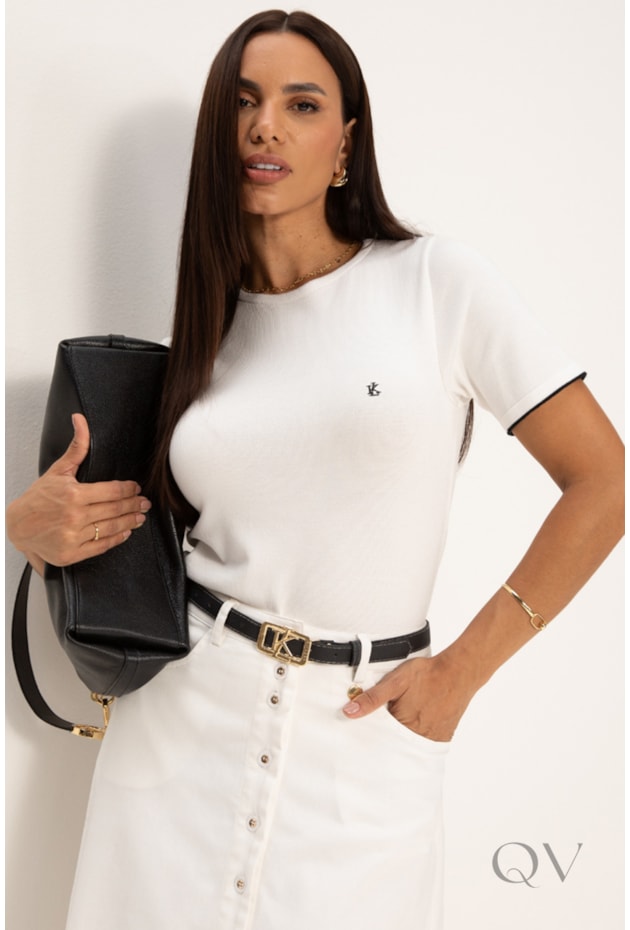 BLUSA COM BORDADO LK EM TRICOT OFF WHITE - LEKAZIS