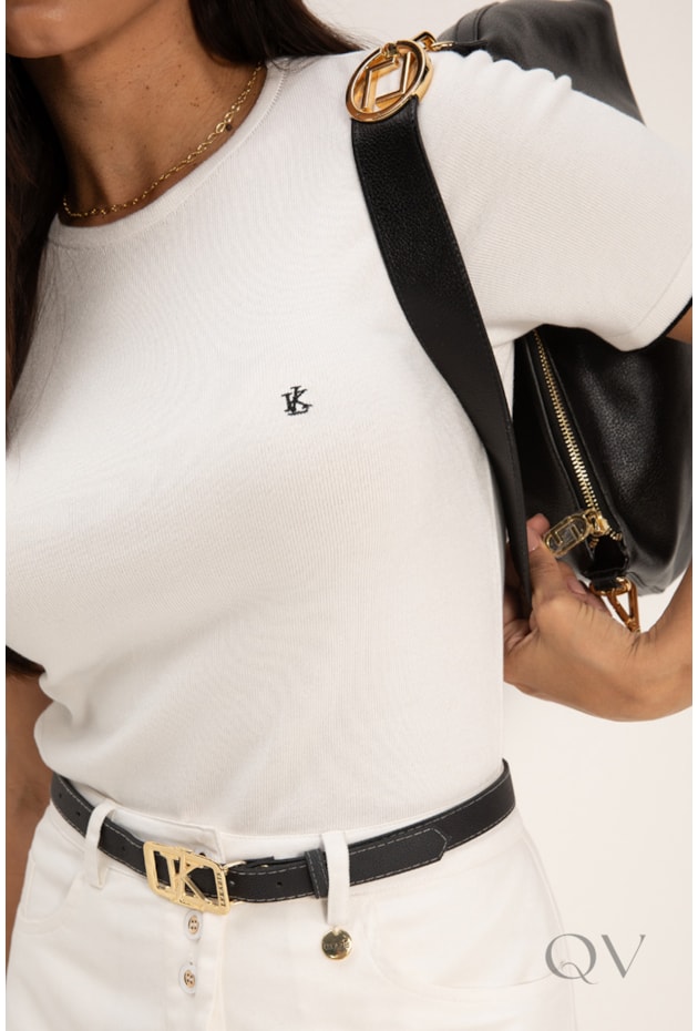 BLUSA COM BORDADO LK EM TRICOT OFF WHITE - LEKAZIS