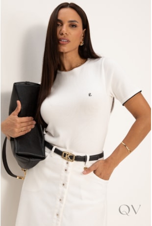 BLUSA COM BORDADO LK EM TRICOT OFF WHITE - LEKAZIS