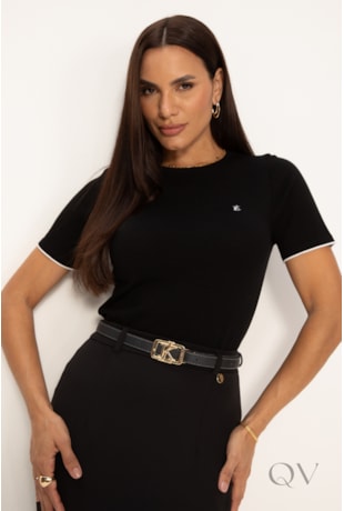 BLUSA COM BORDADO LK EM TRICOT PRETO - LEKAZIS