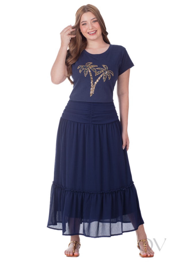 BLUSA COM BORDADO MANUAL EM MALHA AZUL NOITE - HAPUK