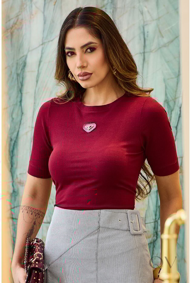 BLUSA COM DECOTE REDONDO EM MALHA CANELADA MARSALA - LUZIA FAZZOLLI