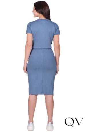 BLUSA COM DECOTE REDONDO EM MALHA LISA E CANELADA AZUL - HAPUK