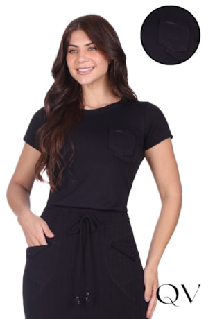 BLUSA COM DECOTE REDONDO EM MALHA LISA E CANELADA PRETO - HAPUK