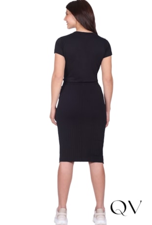 BLUSA COM DECOTE REDONDO EM MALHA LISA E CANELADA PRETO - HAPUK