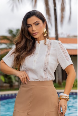 BLUSA COM ENTREMEIO EM LINHO BRANCO - LUZIA FAZZOLLI