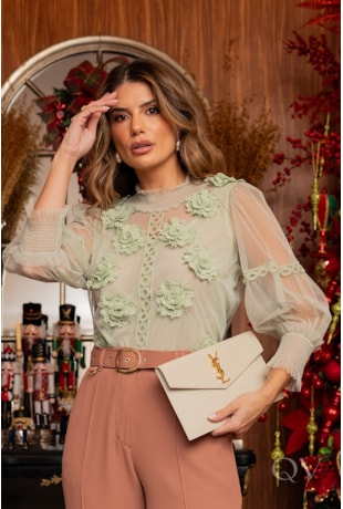 BLUSA COM ENTREMEIO EM TULE VERDE - LUZIA FAZZOLLI