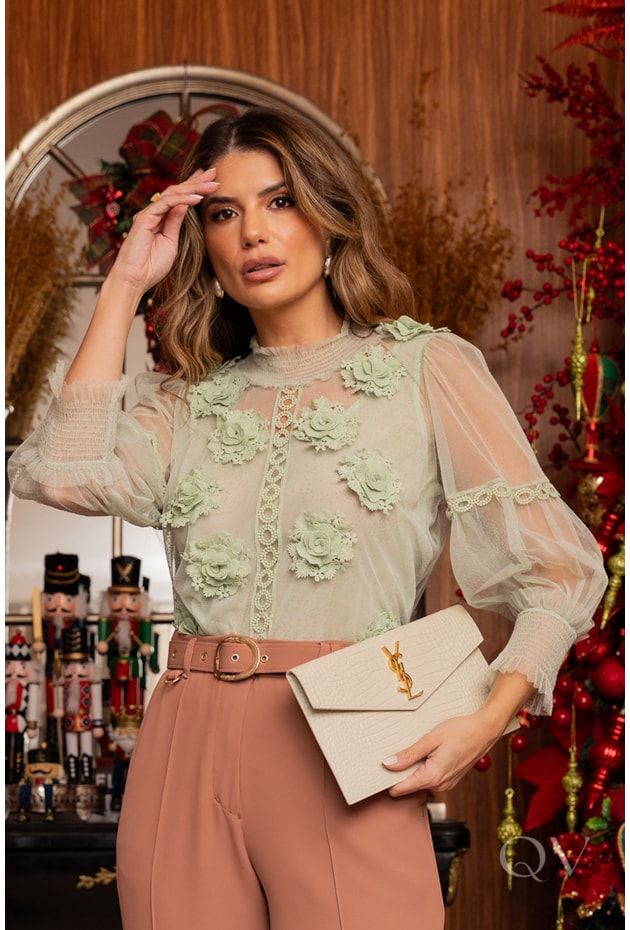 BLUSA COM ENTREMEIO EM TULE VERDE - LUZIA FAZZOLLI