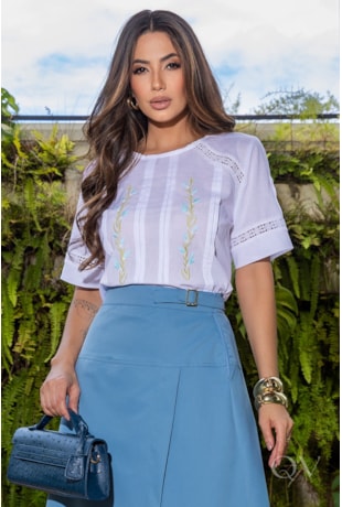 BLUSA COM ENTREMEIO EM VOIL BORDADO BRANCO - LUZIA FAZZOLLI